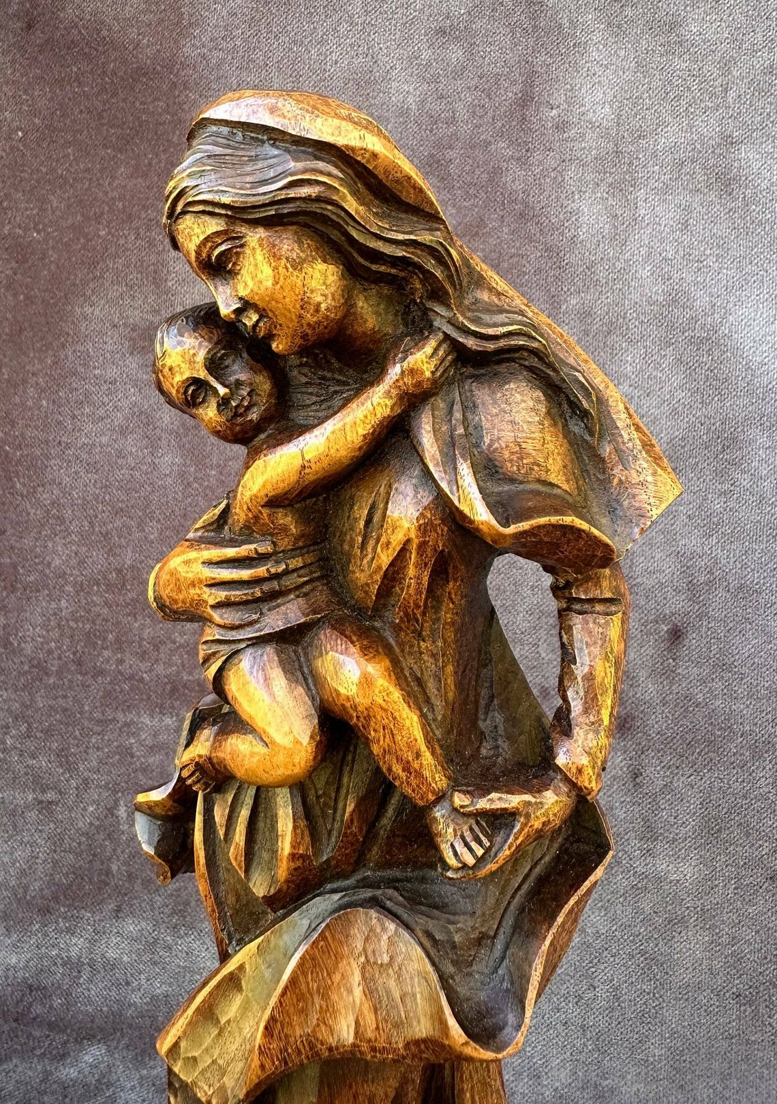 Vintage Spanish Religious Wood Madonna And Child Carved Sculpture By Ouro photo vinterior