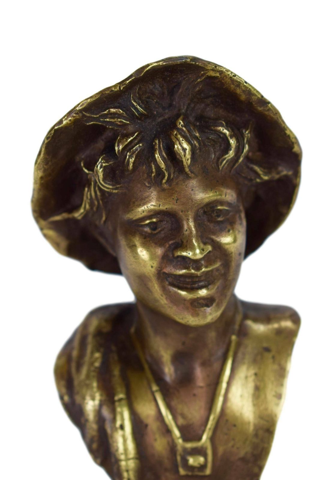 Antique French Bronze Sculpture Young Man Hat Bust Statue photo for sale