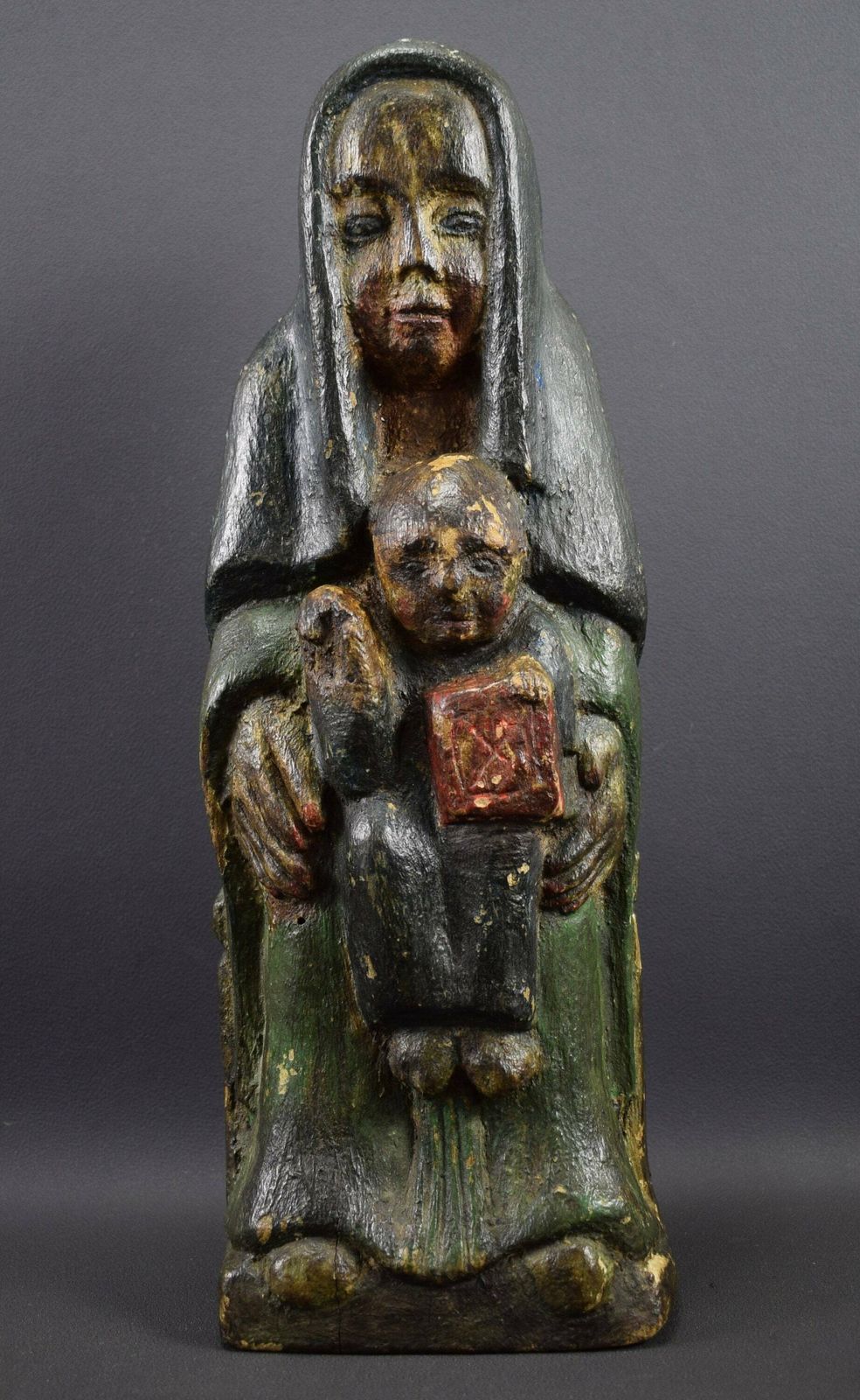 French Antique Religious Virgin Mary Jesus Child Wood Carved Statue Polychromatic 16th photo furniture