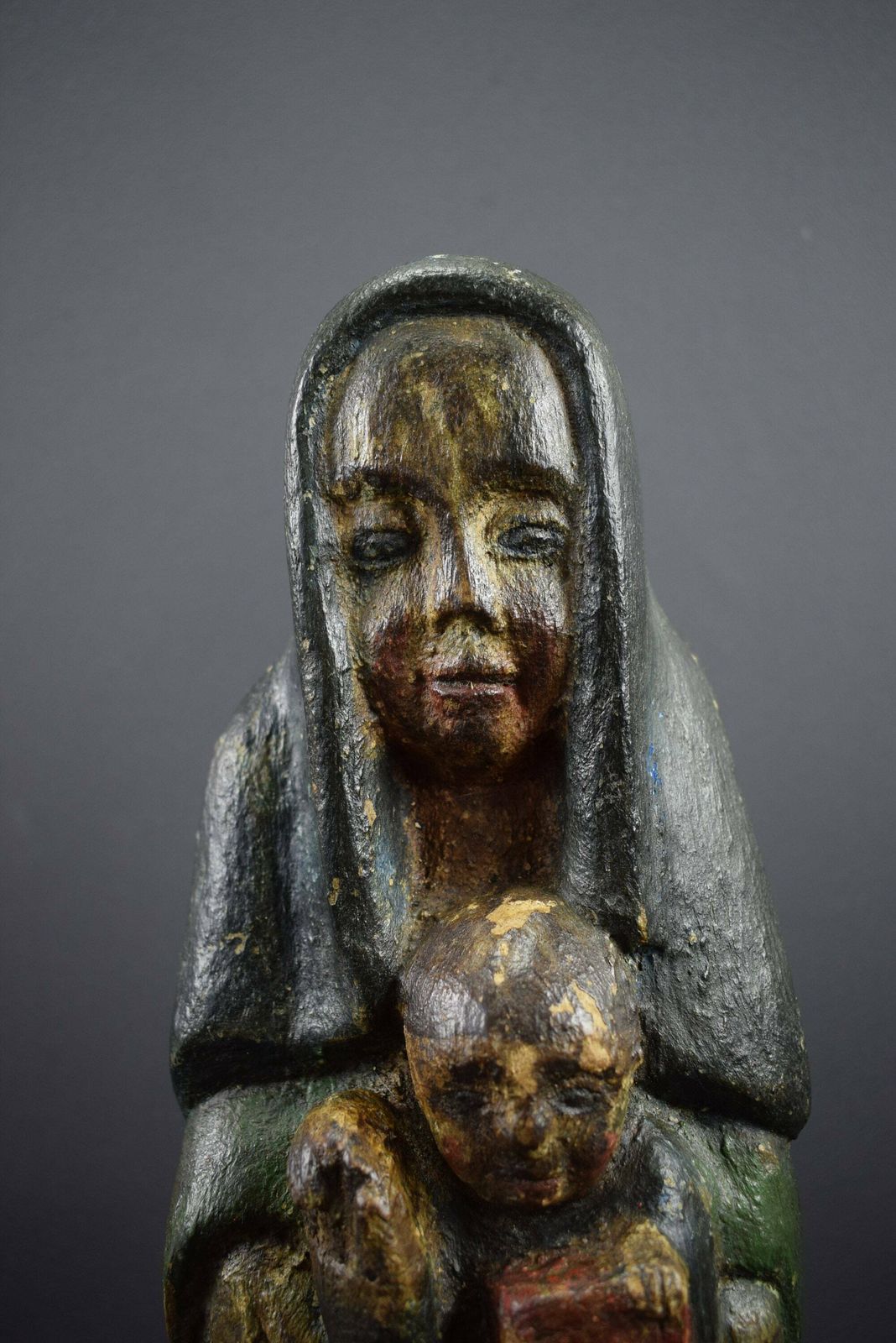 French Antique Religious Virgin Mary Jesus Child Wood Carved Statue Polychromatic 16th photo buy