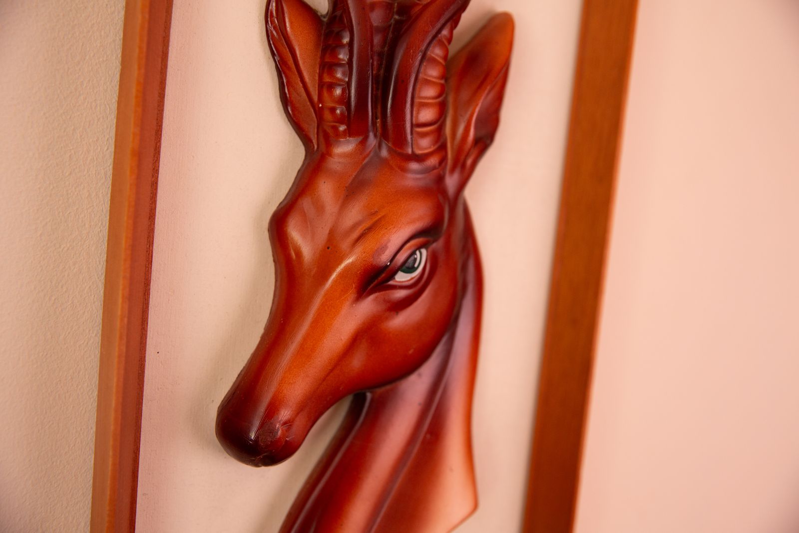 1960s Painted Ceramic Antelope Wall Decor On Textured Board In Teak Frame photo for sale