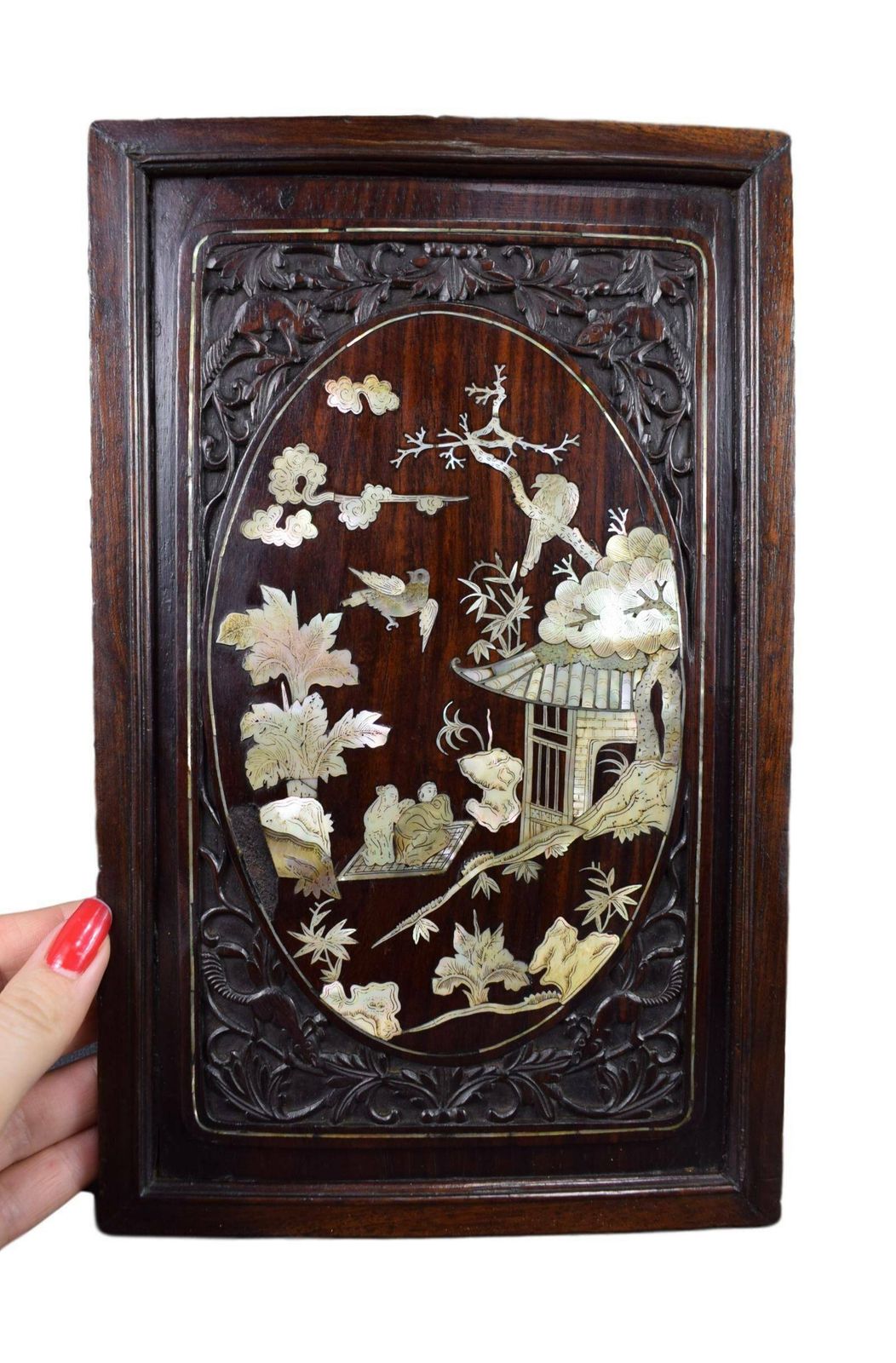 photo for sale 19th Antique Chinese Carved Wood And Mother Of Pearl Inlaid Wall Panel Asian Wood Art Vietnamese