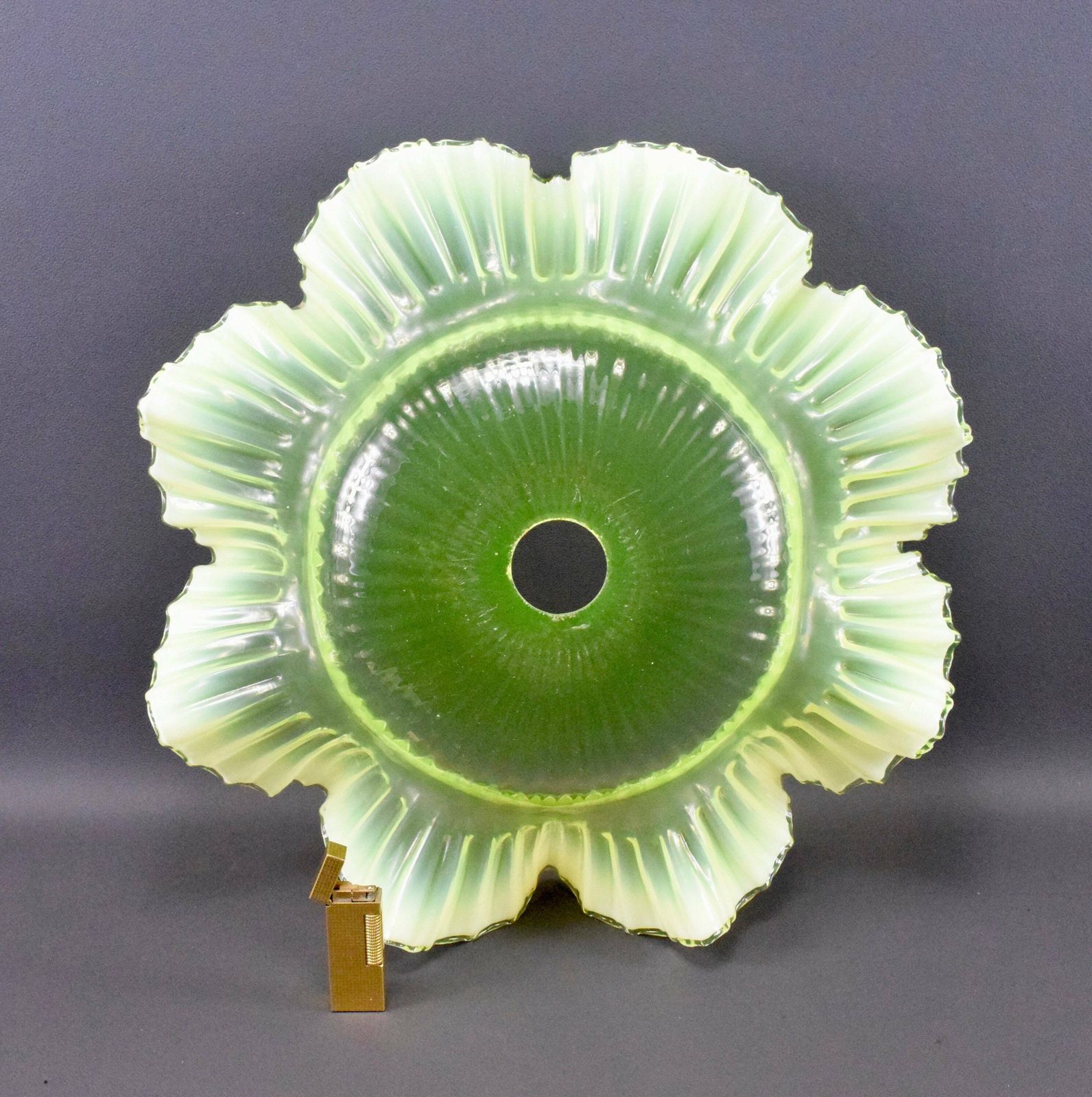 1900's Uraline French Large Vaseline Glass Hanging Lamp Ceiling Light Ouraline 15 1/8"