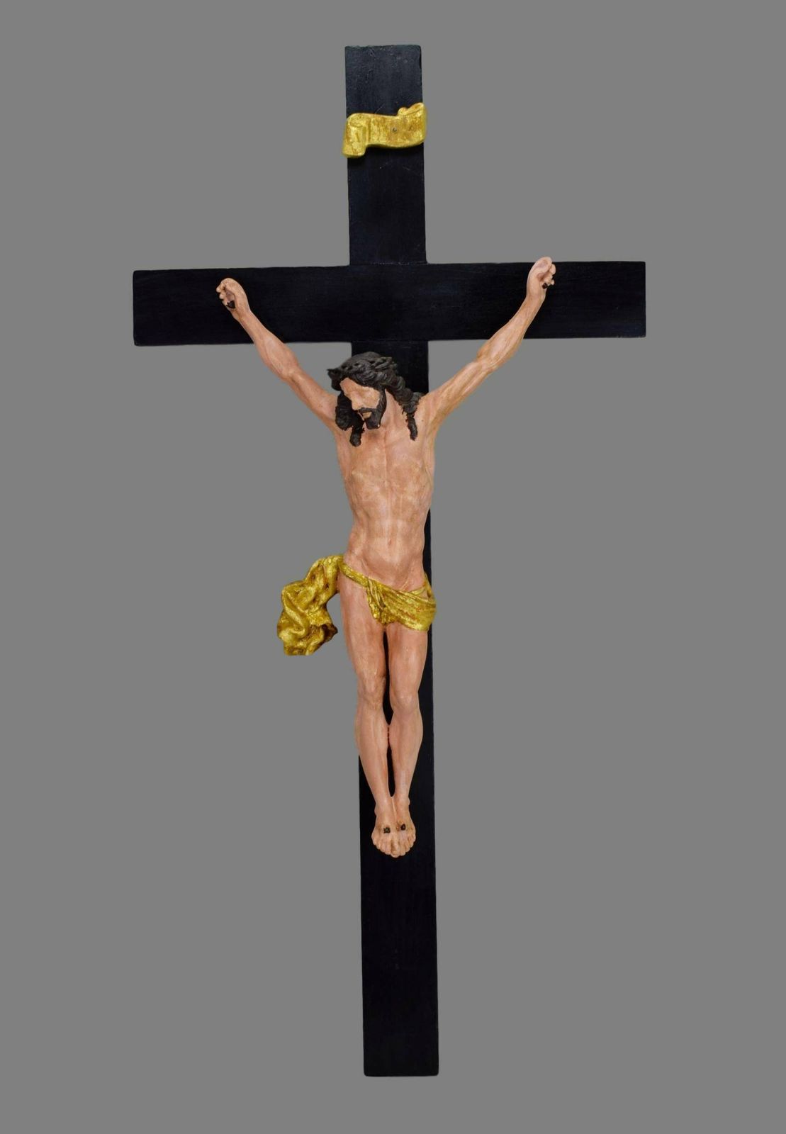 Antique Religious Altar Cross, Hand Painted Jesus Christ Corpus On The Cross