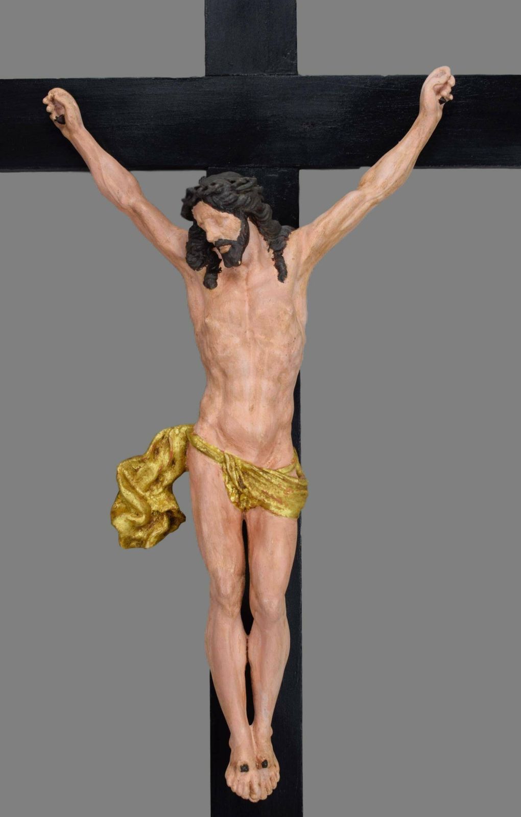 Antique Religious Altar Cross, Hand Painted Jesus Christ Corpus On The Cross photo furniture