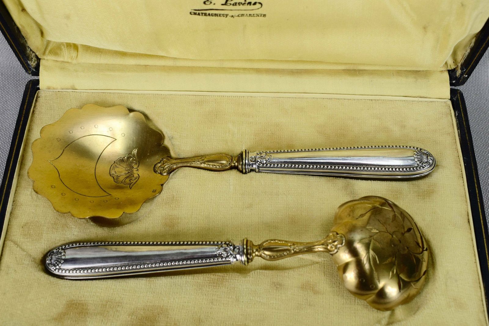 Antique French Sterling Silver Strawberry Dessert Serving Set In Original Case, French Antique Flatware, Luncheon Silverware photo furniture