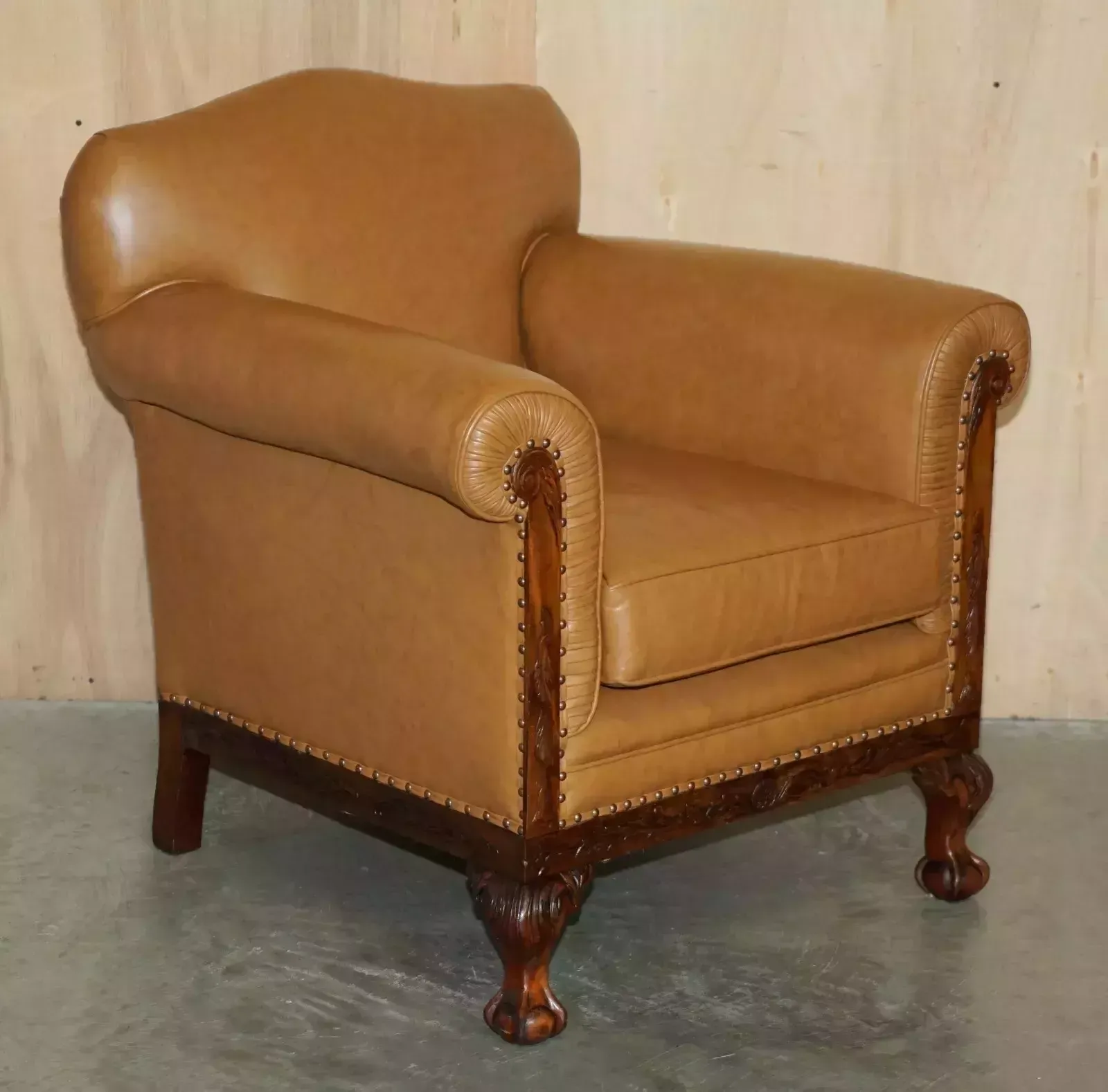 Fine Pair Of Restored Victorian Claw & Ball Feet Cognac Brown Leather Armchairs photo furniture