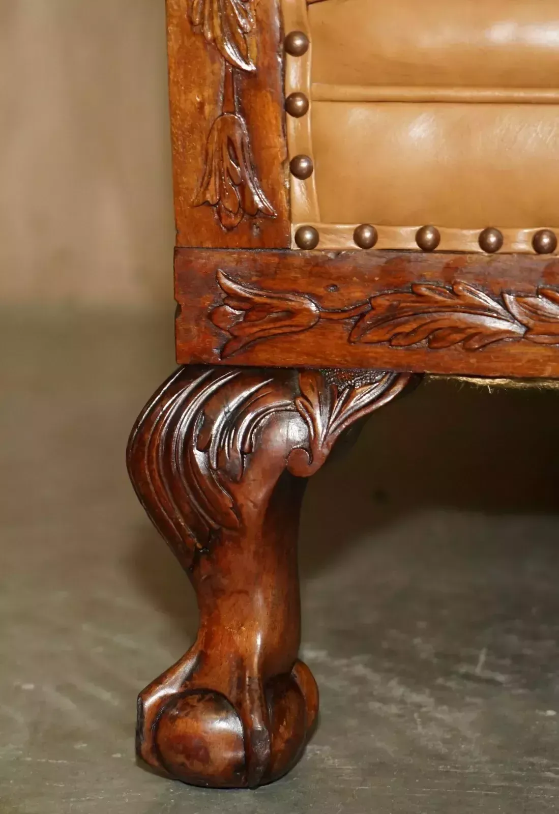 Fine Pair Of Restored Victorian Claw & Ball Feet Cognac Brown Leather Armchairs photo buy