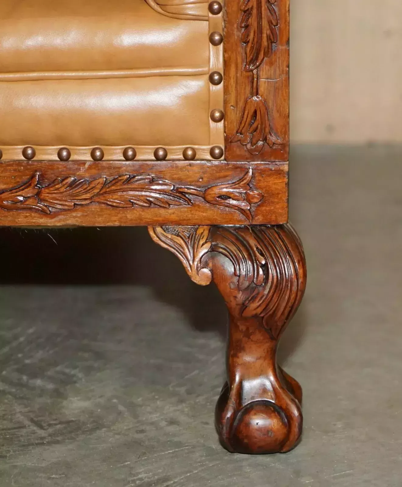 Furniture Fine Pair Of Restored Victorian Claw & Ball Feet Cognac Brown Leather Armchairs photo