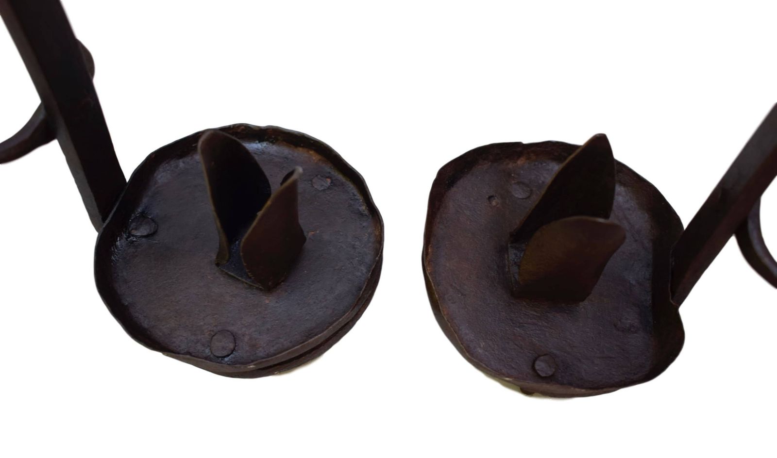 French Pair Of Gothic Riveted Wrought Iron Candle Holders   Arts & Crafts Floor Standing Candlesticks Or To Suspend Lantern Candlestick photo furniture