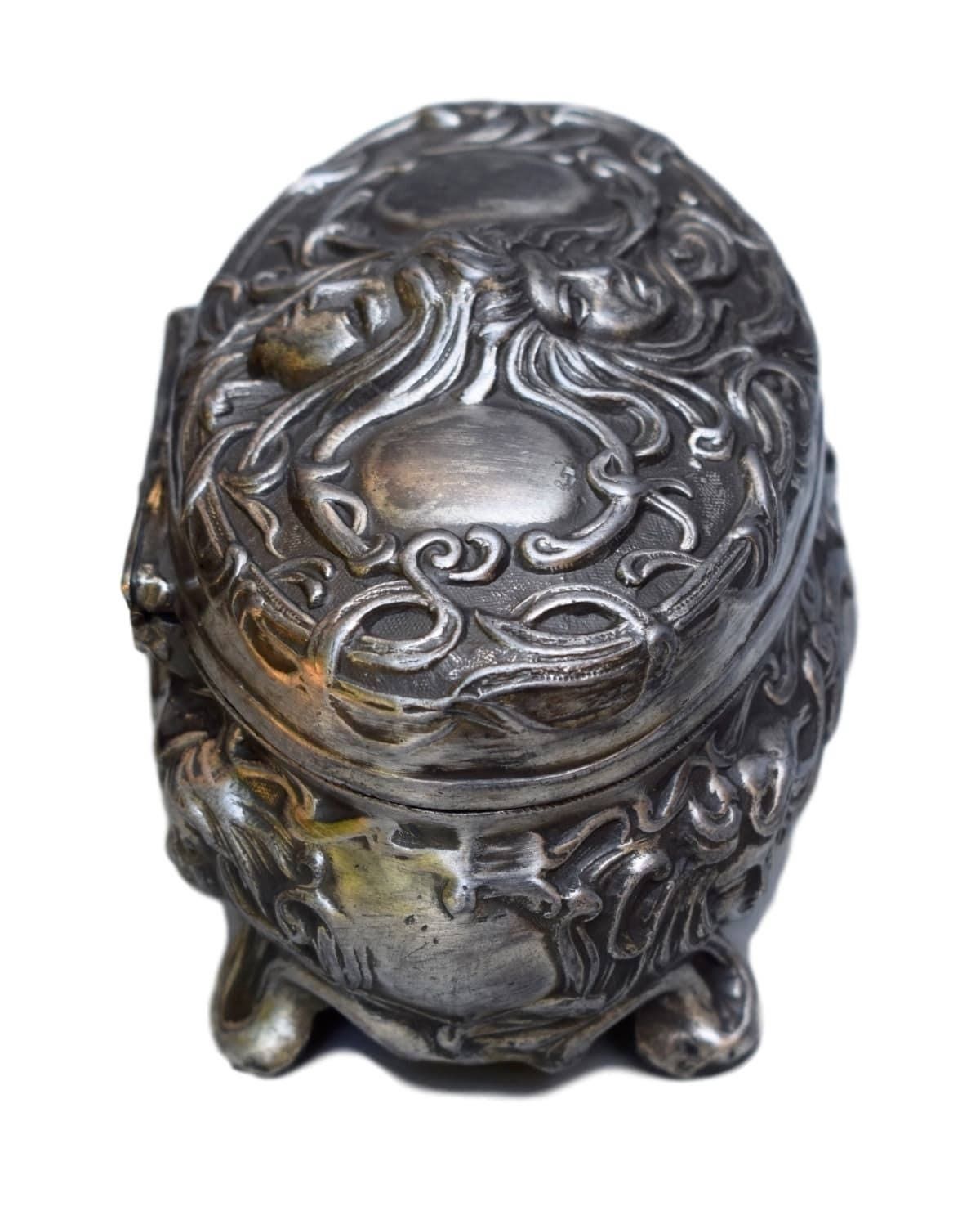 French Antique Art Nouveau Silver Casket Box   Woman Faces Box   Wmf Style Jewelry Case   Ornate Lidded Box photo vinterior