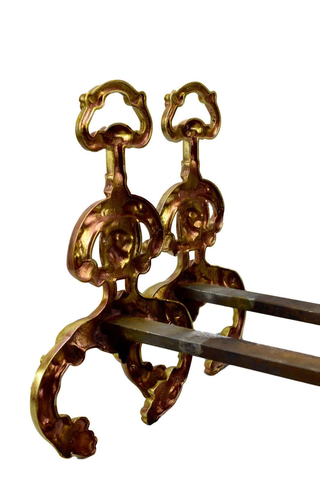 French Antique Gold Tone Patina Bronze Lion Andirons photo vinterior