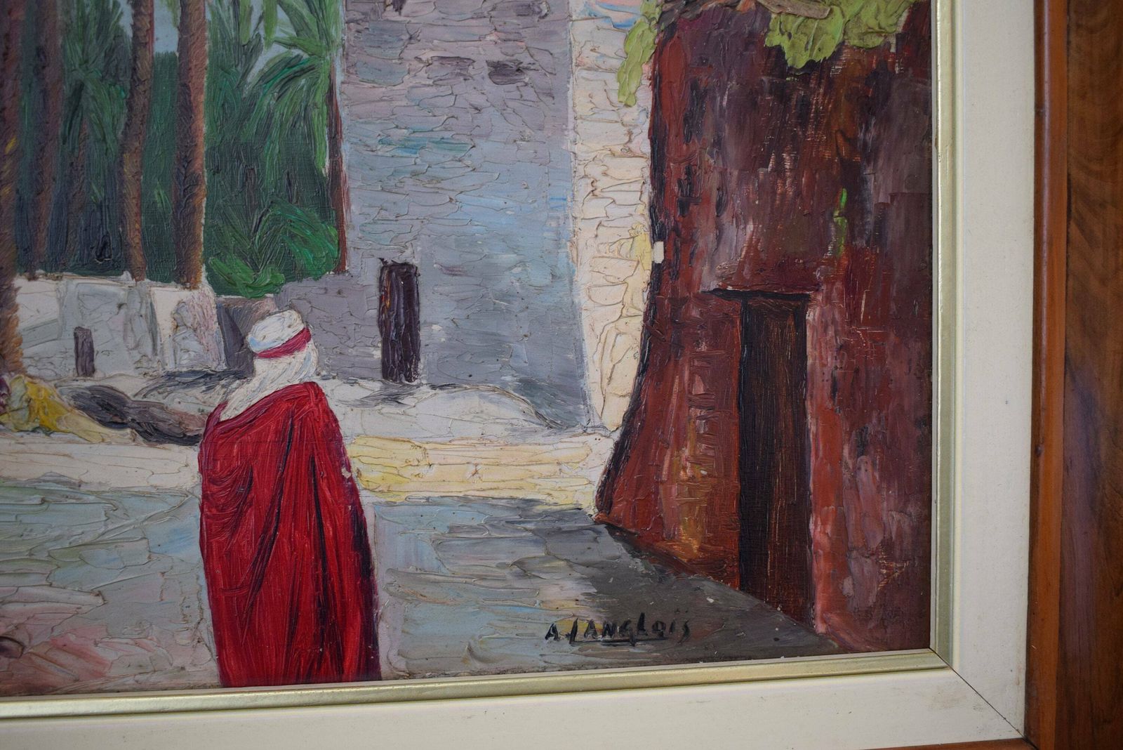 French Orientalist Oil Painting On Panel Signed Langlois, Maghreb Oasis Painting photo furniture