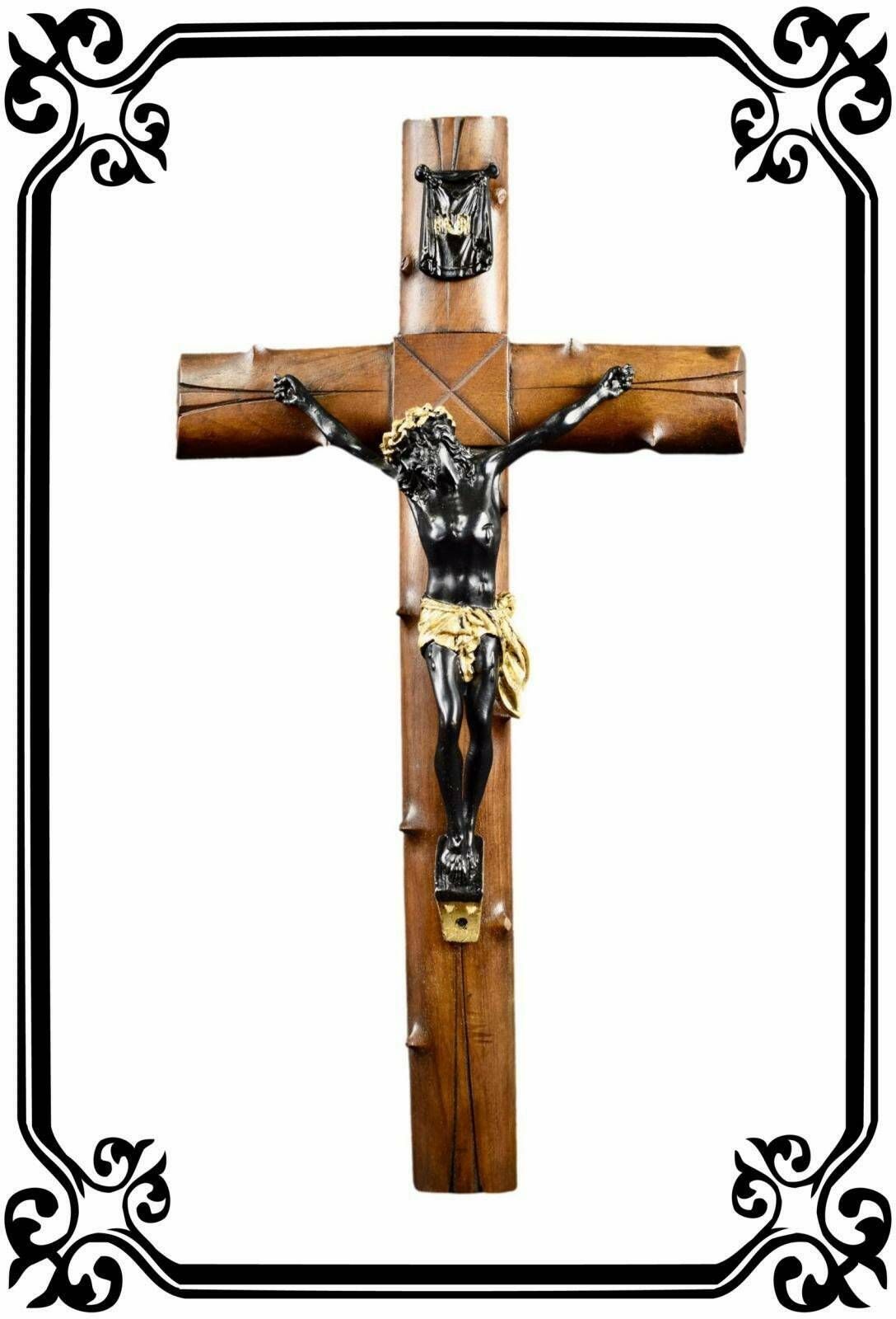 Large French Antique Hand Carved Wood Wall Cross Crucifix 19th