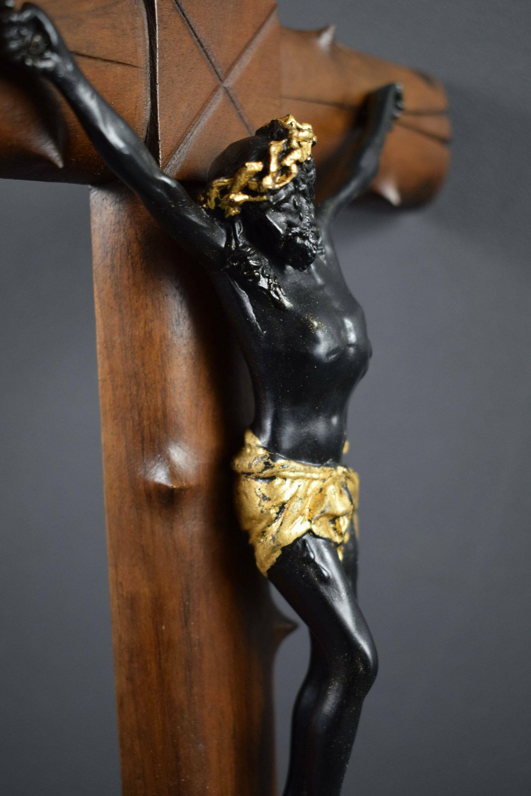 Large French Antique Hand Carved Wood Wall Cross Crucifix 19th photo vinterior