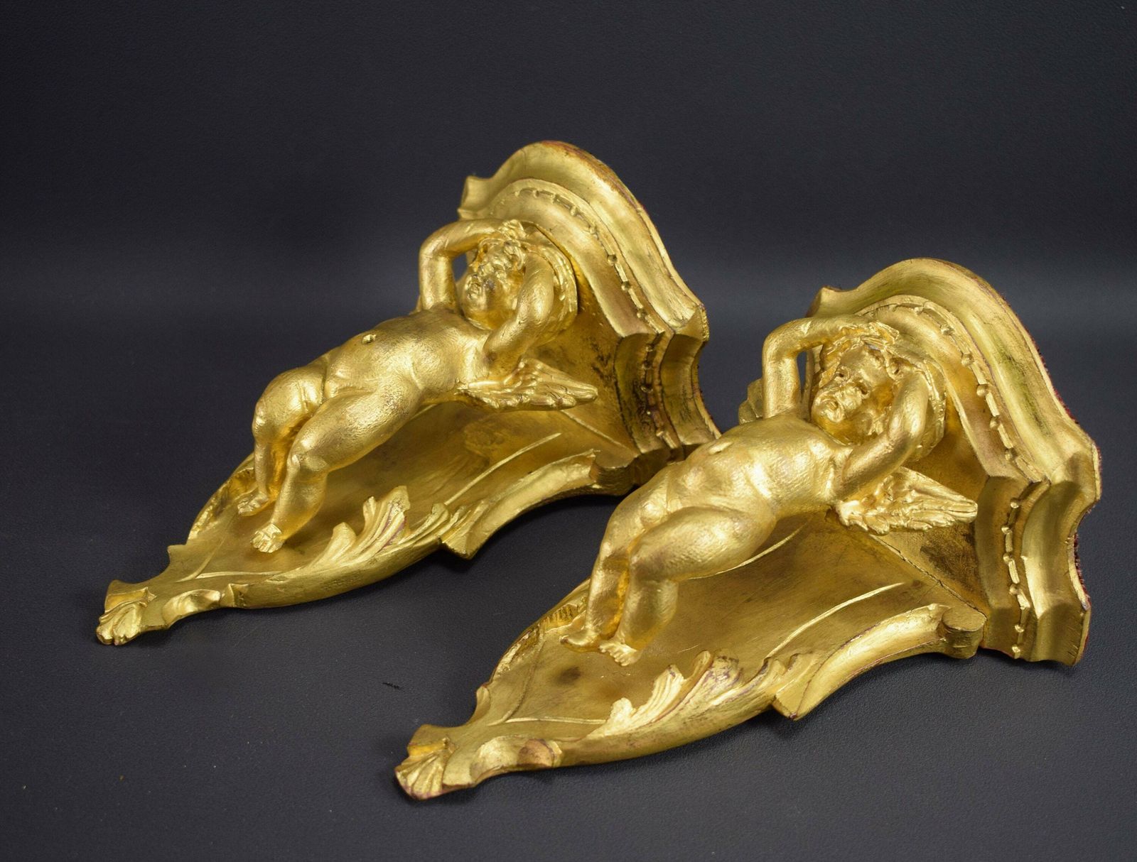 Antique French Pair Of Consoles Hand Carved Wood Angels Putto photo vinterior