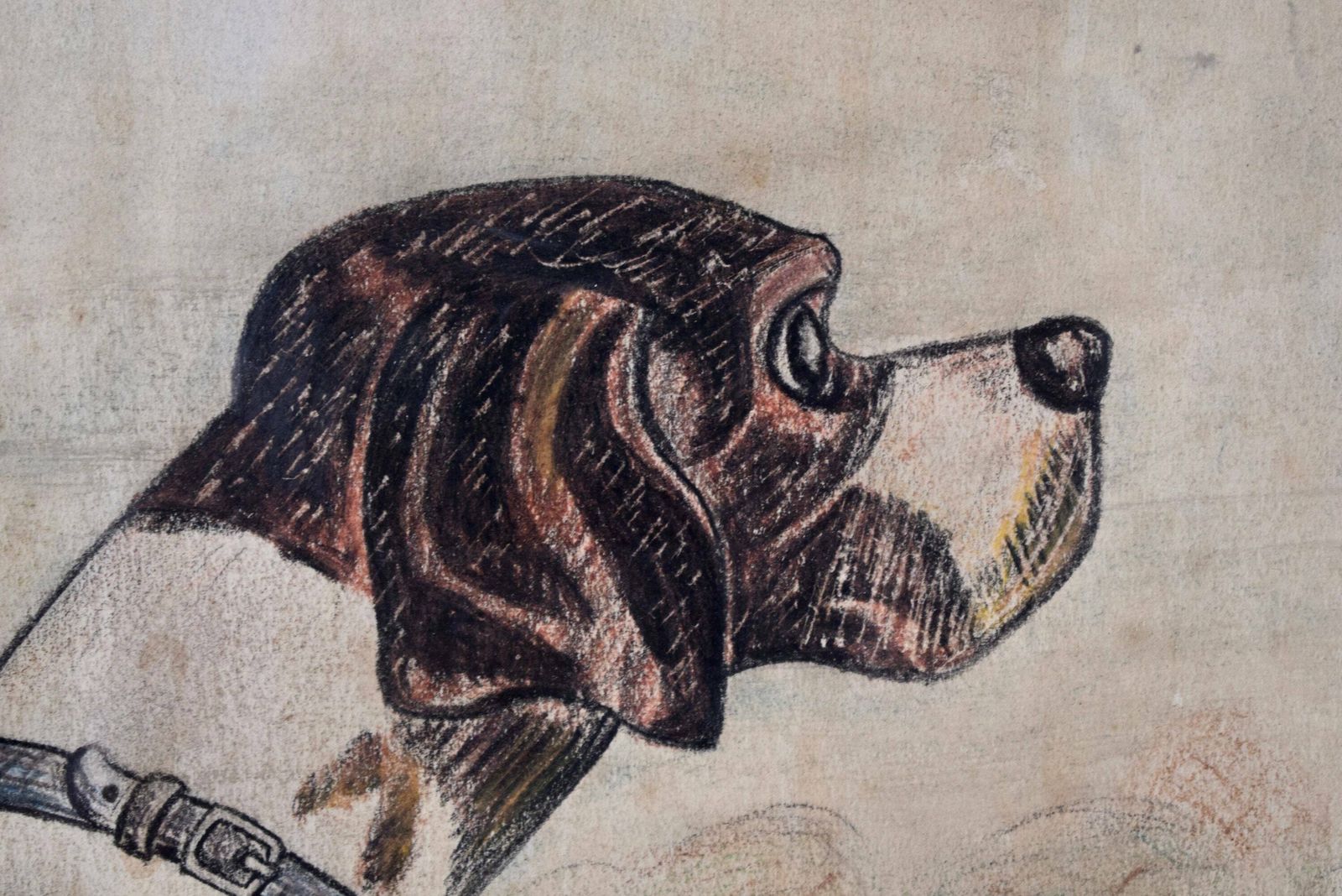 French Vintage Hunting Dog Portrait Pastel Signed De Galoisy, Hunt Dog Wall Picture photo Art