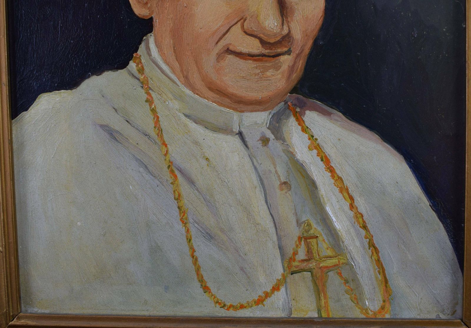 Pope John Paul II Portrait French Vintage Oil Painting On Panel photo vinterior