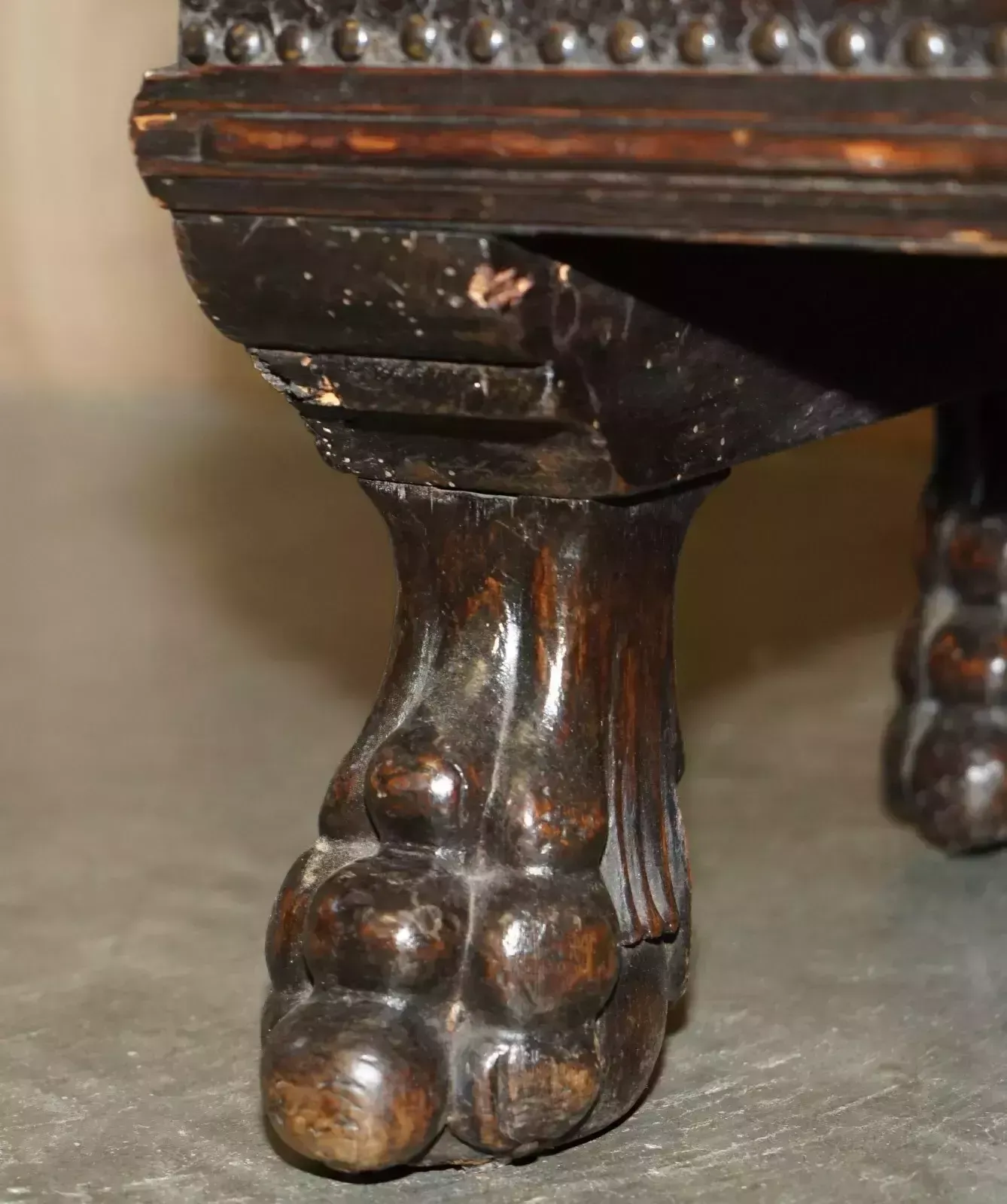 18th Century Polychrome Painted Leather Armorail Crest Trunk Carved Walnut Feet photo buy