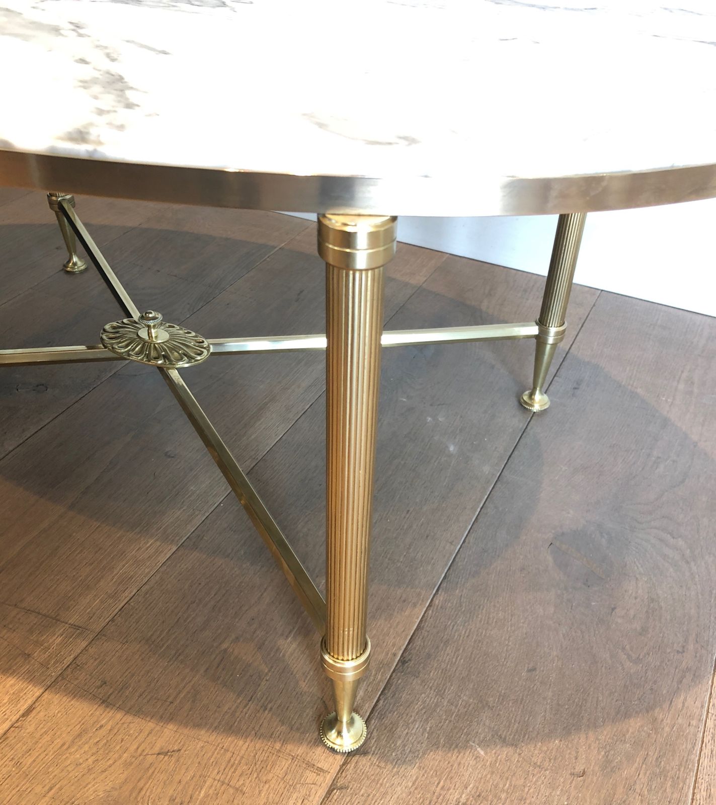 photo for sale Neoclassical Style Oval Coffee Table In Brass And Carrara Marble Top From Maison Jansen