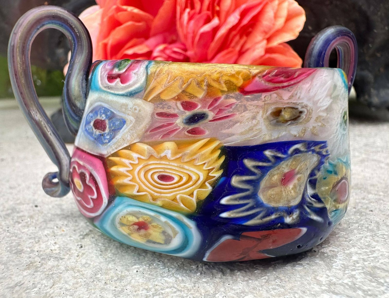 Fratelli Toso Murano Millefiori Miniature Bowl With Handle C.1920, Italian Glass Art photo Home Decor