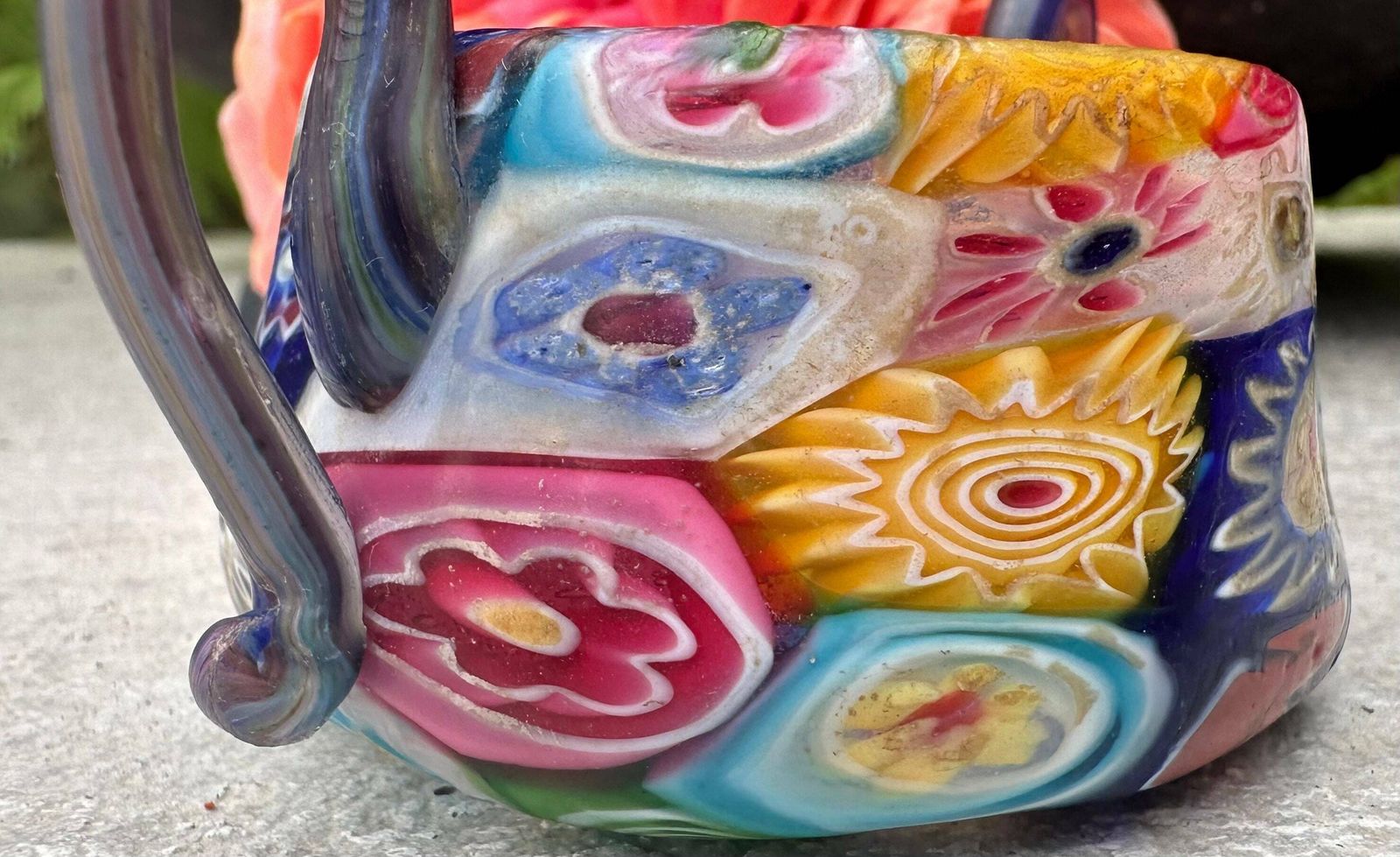 Fratelli Toso Murano Millefiori Miniature Bowl With Handle C.1920, Italian Glass Art photo buy