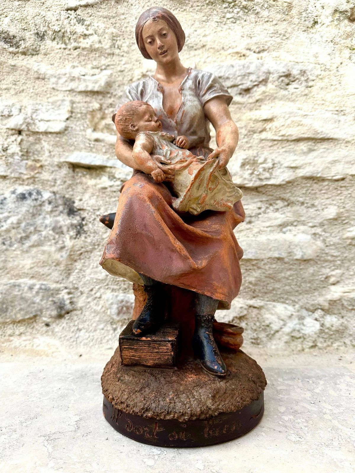 Rare French Antique Motherhood Terracotta Sculpture Of Mother And Baby 19th Century Statue By Joseph Le Guluche photo furniture