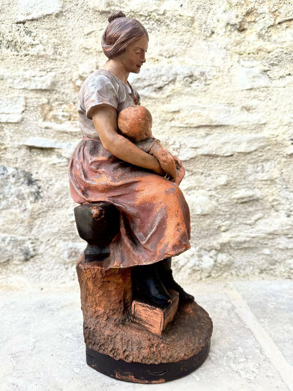 Rare French Antique Motherhood Terracotta Sculpture Of Mother And Baby 19th Century Statue By Joseph Le Guluche photo vinterior