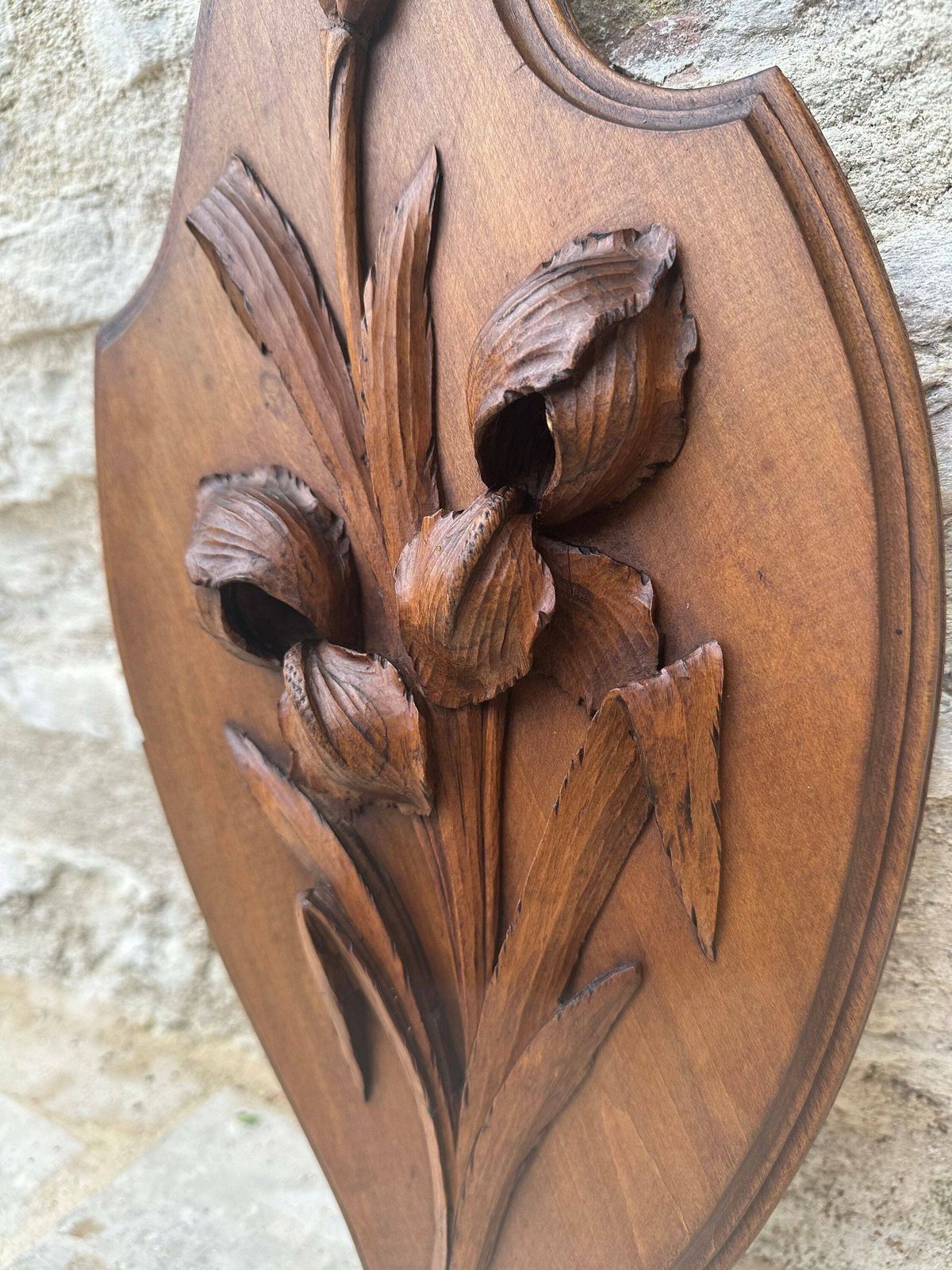 Unique Antique Flower Iris Wood Wall Art, Handmade Carved Panel, Gift For Her Or Him photo Art