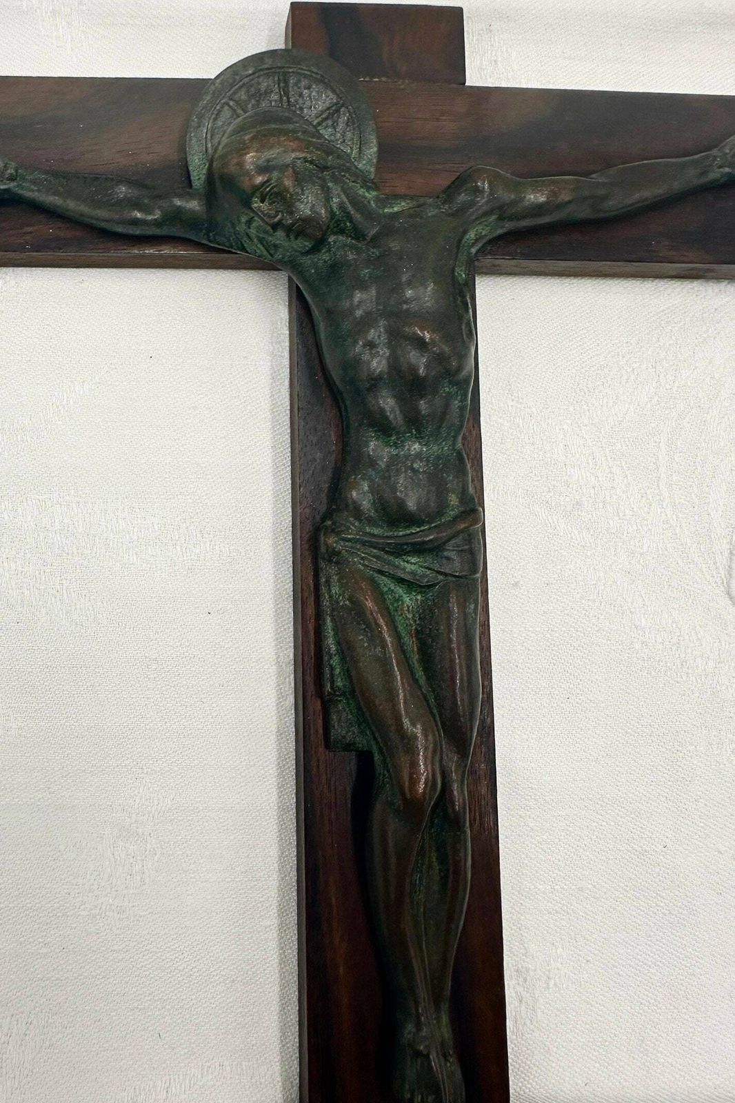 Art Deco Green Bronze And Macassar Ebony Wall Crucifix By Hartmann photo 328.0