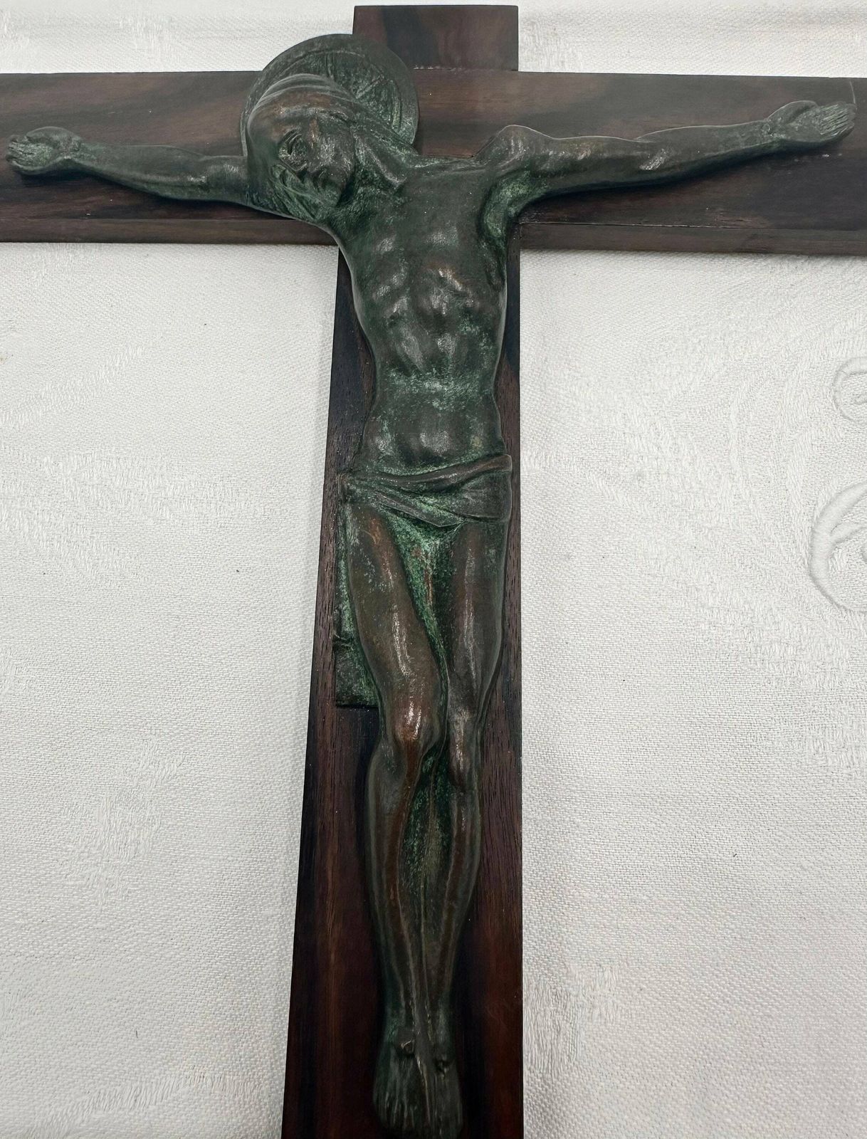 Art Deco Green Bronze And Macassar Ebony Wall Crucifix By Hartmann photo buy