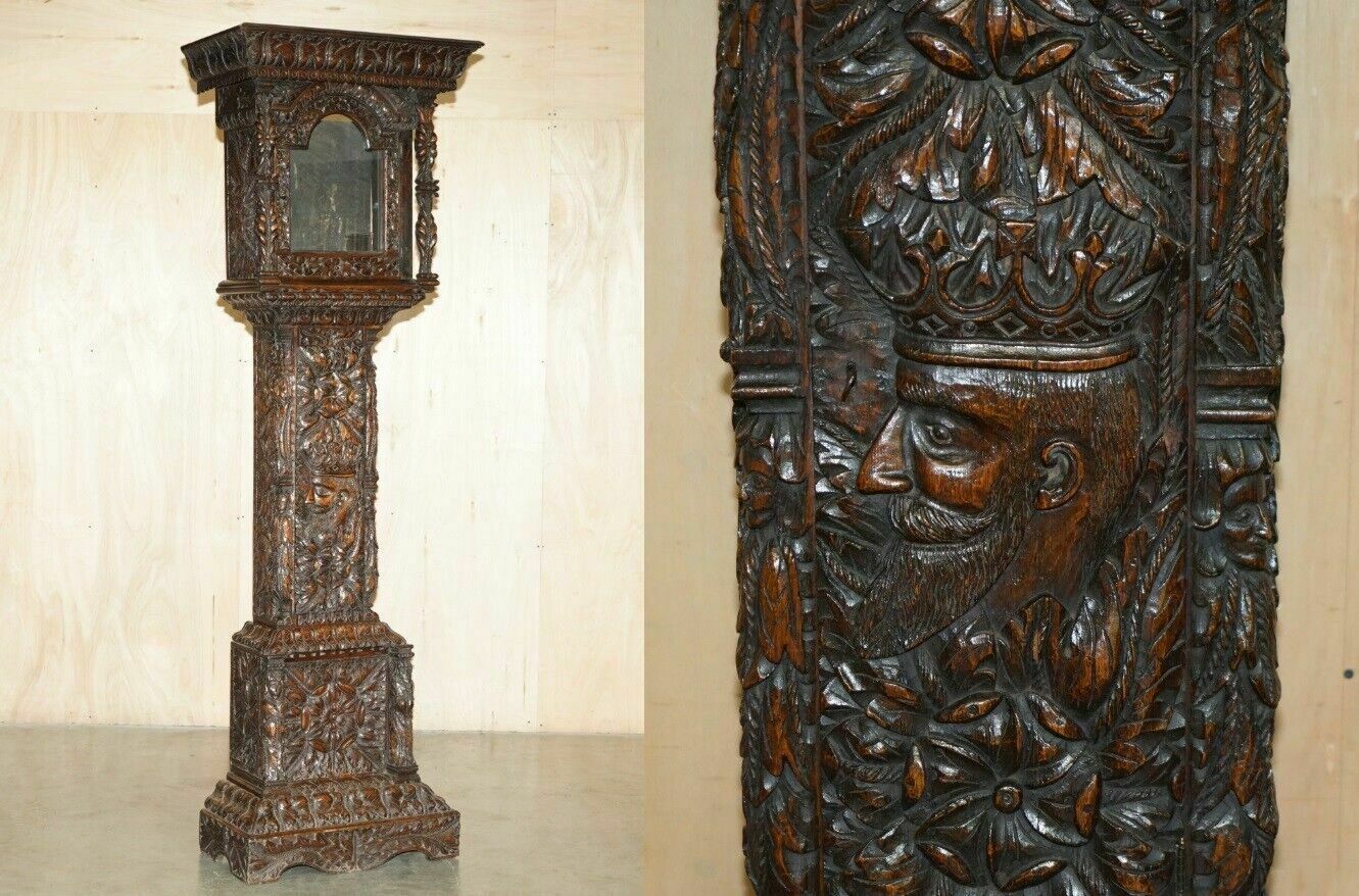 Exquisite Antique Restored Hand Carved Grandfather Clock Case Depicting A King