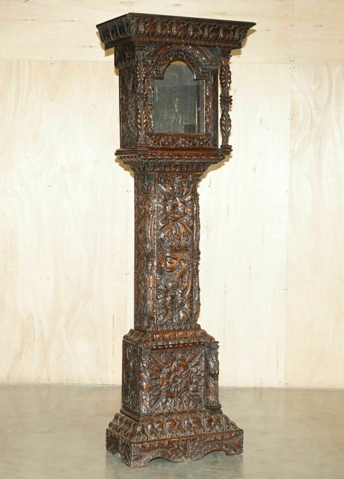 Exquisite Antique Restored Hand Carved Grandfather Clock Case Depicting A King photo furniture