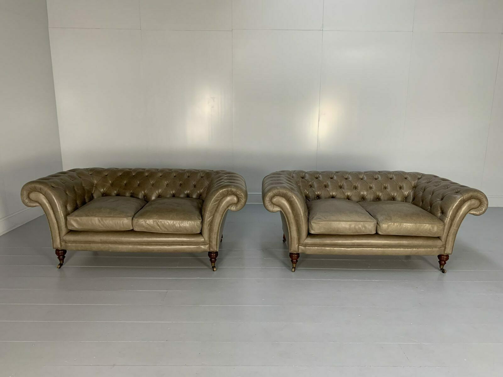 Pair Of Beaumont & Fletcher “Grenville” 2 Seat Chesterfield Sofas – In Grey Leather photo for sale