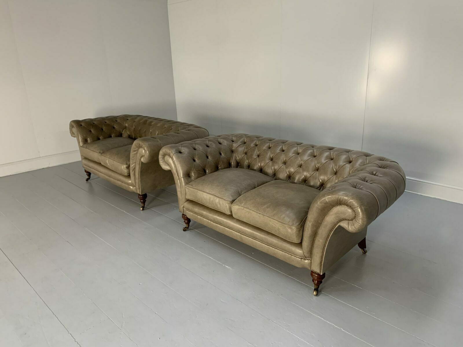 Pair Of Beaumont & Fletcher “Grenville” 2 Seat Chesterfield Sofas – In Grey Leather photo Furniture