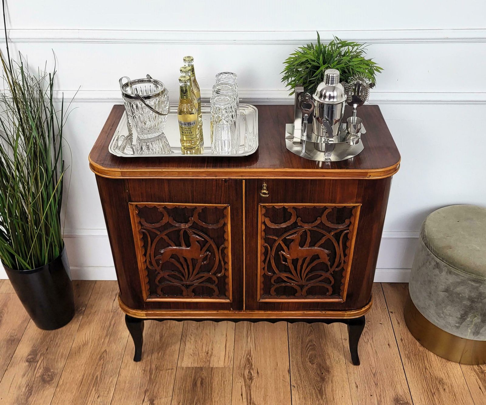 1960s Art Deco Mid Century Italian Forest Wildlife Carved Wood Dry Bar Cabinet photo Furniture