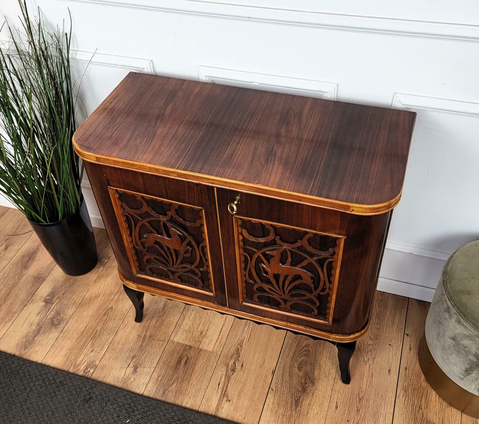1960s Art Deco Mid Century Italian Forest Wildlife Carved Wood Dry Bar Cabinet photo vintage