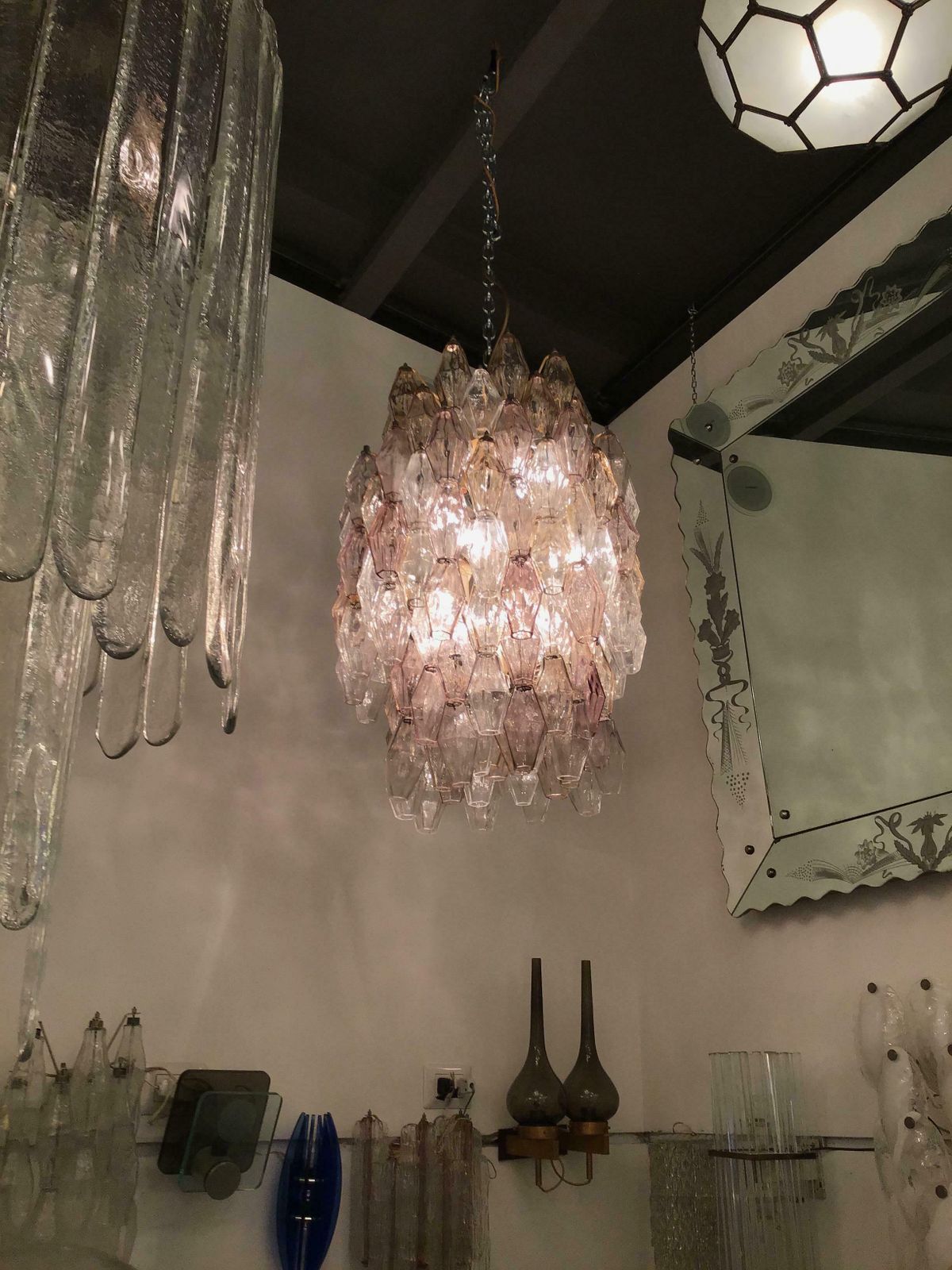 Venini Chandelier Carlo Scarpa Poliedri 1950 Murano Glass Iron Brass, Italy photo furniture