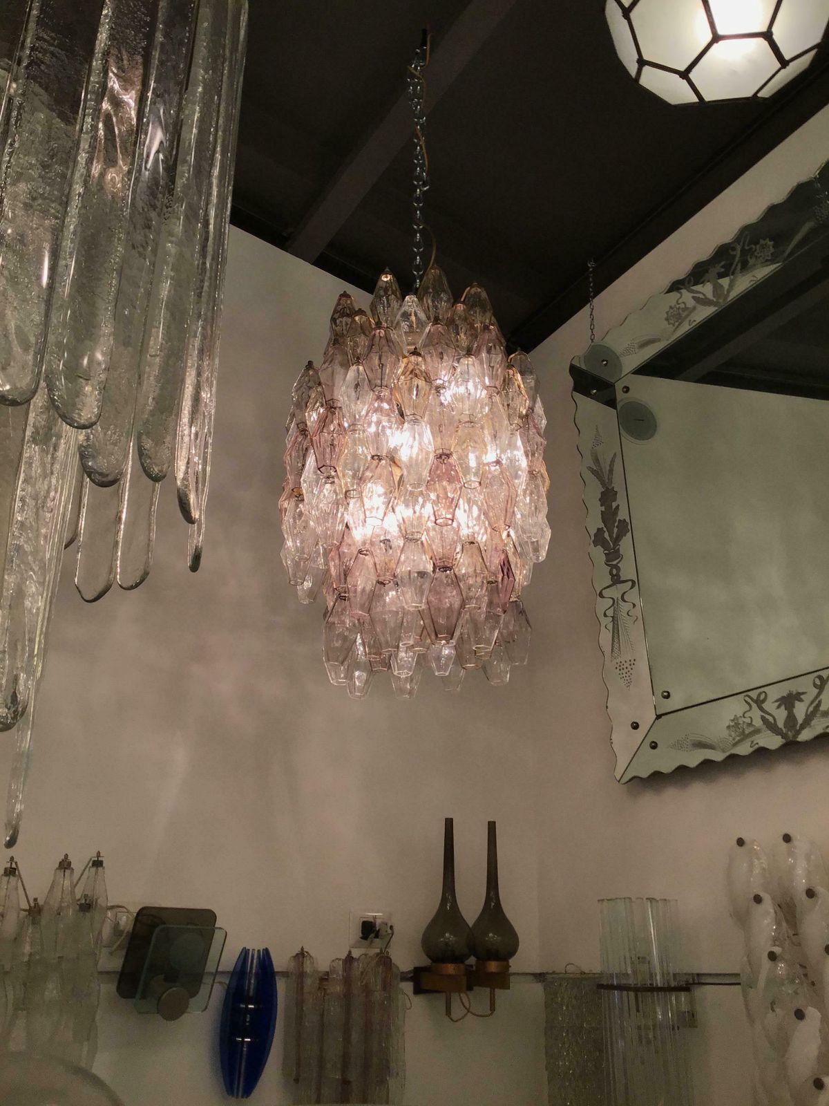 Venini Chandelier Carlo Scarpa Poliedri 1950 Murano Glass Iron Brass, Italy photo for sale
