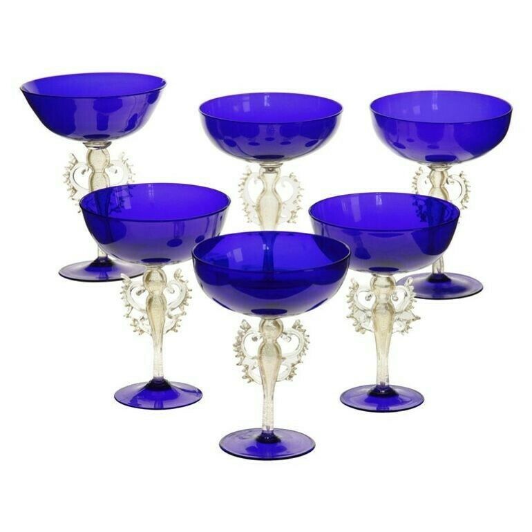 Set Of 6 Of 12 Cenedese Champagne Goblets Murano Cobalt Glass Gold Accent Signed