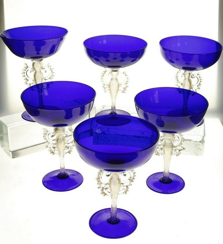 Set Of 6 Of 12 Cenedese Champagne Goblets Murano Cobalt Glass Gold Accent Signed photo for sale