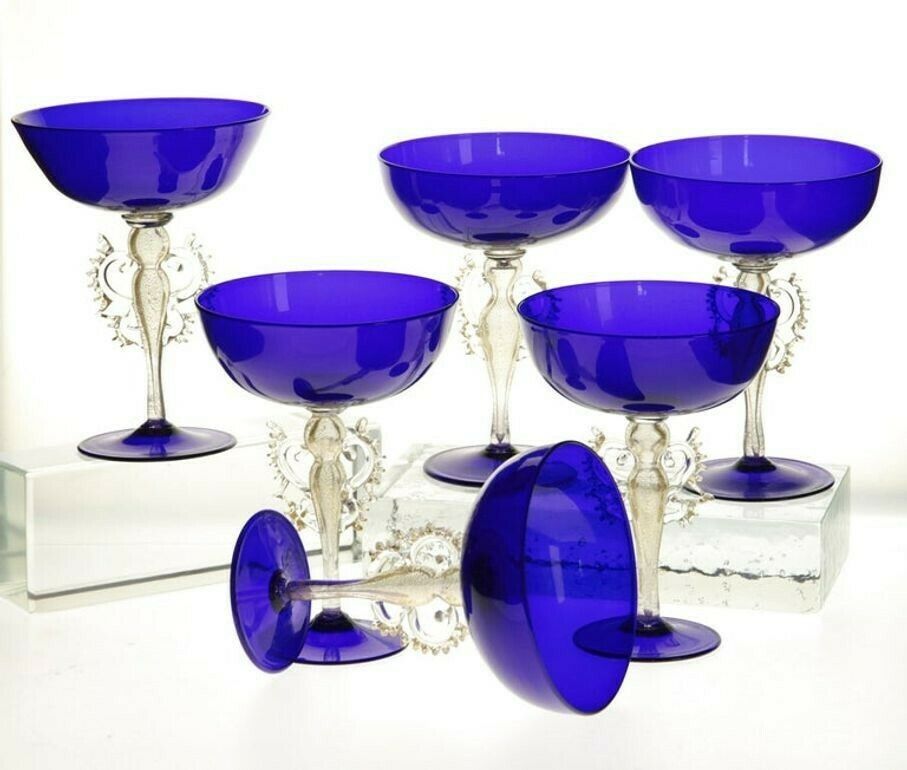 Set Of 6 Of 12 Cenedese Champagne Goblets Murano Cobalt Glass Gold Accent Signed photo vintage