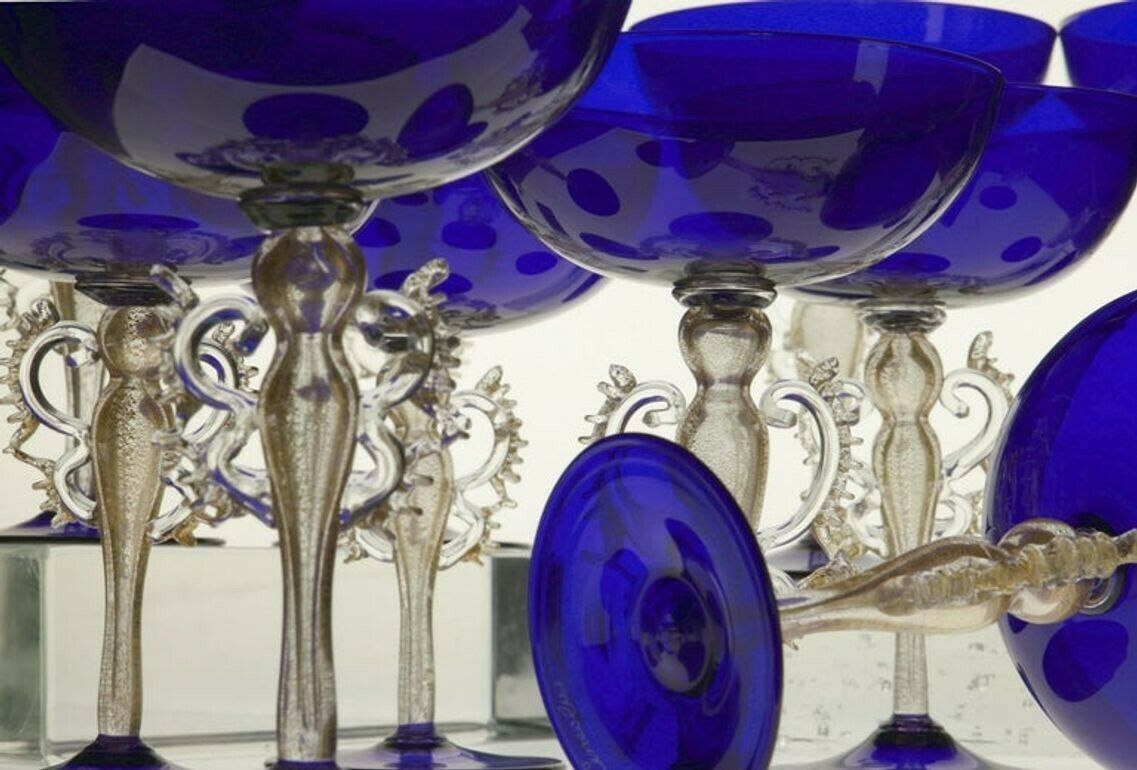 2000.0 Set Of 6 Of 12 Cenedese Champagne Goblets Murano Cobalt Glass Gold Accent Signed photo