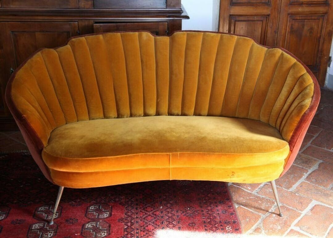 Shell Midcentury Curved Sofa, Brass Cast Feet, Original Velvet, Casa E Giardino photo furniture