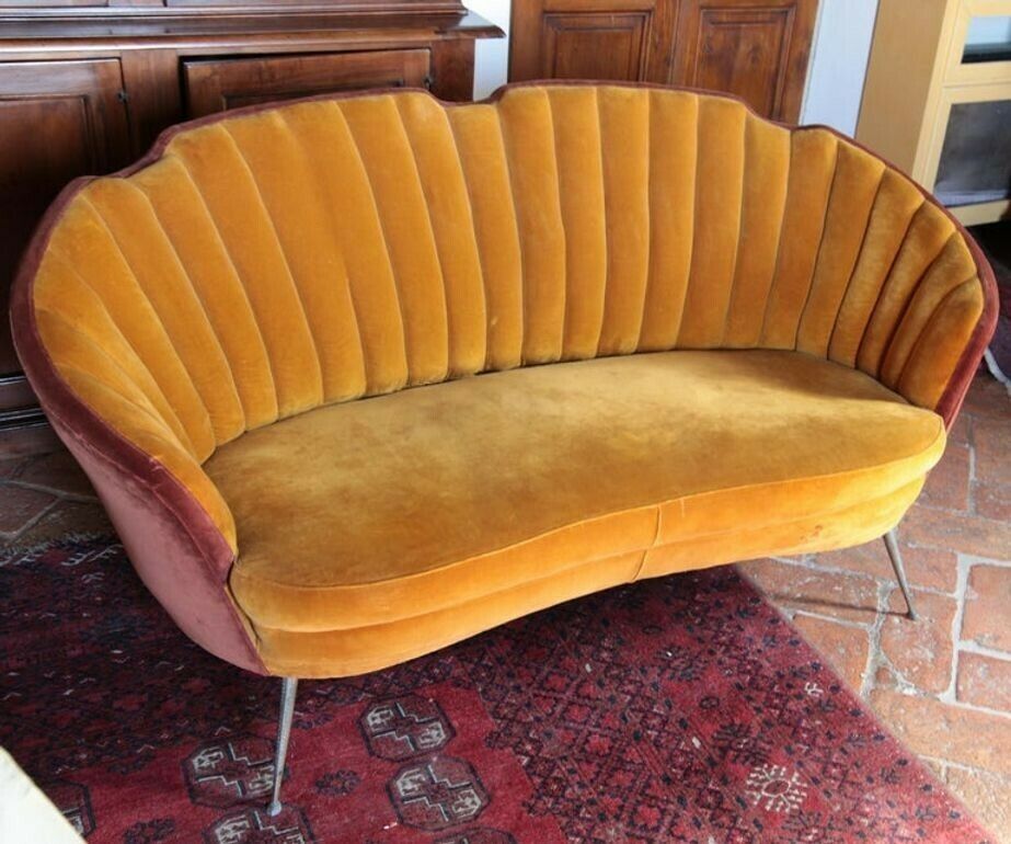 Furniture Shell Midcentury Curved Sofa, Brass Cast Feet, Original Velvet, Casa E Giardino photo