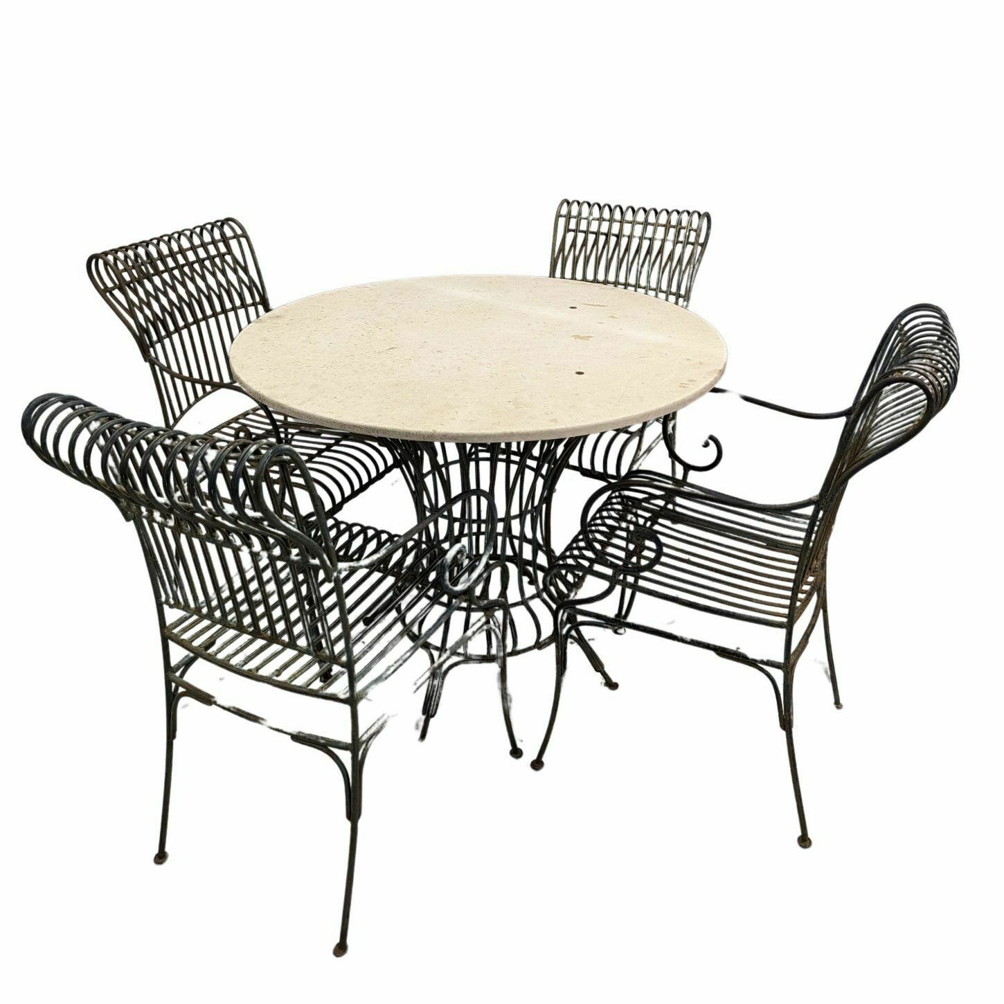 Outdoor Pedestal Table In Wrought Iron And Travertine photo vinterior