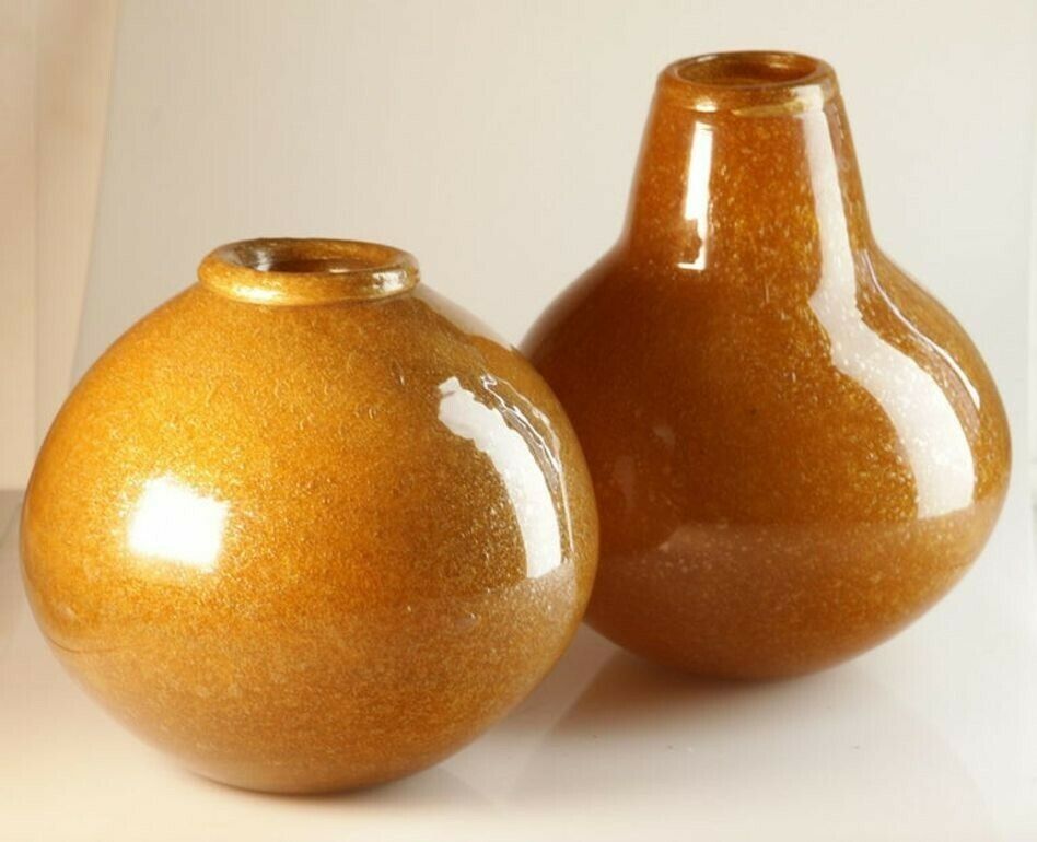 Seguso For Bisazza Pair Mustard Murano Pulegoso Vase Gold Rim, 1993 Signed photo furniture