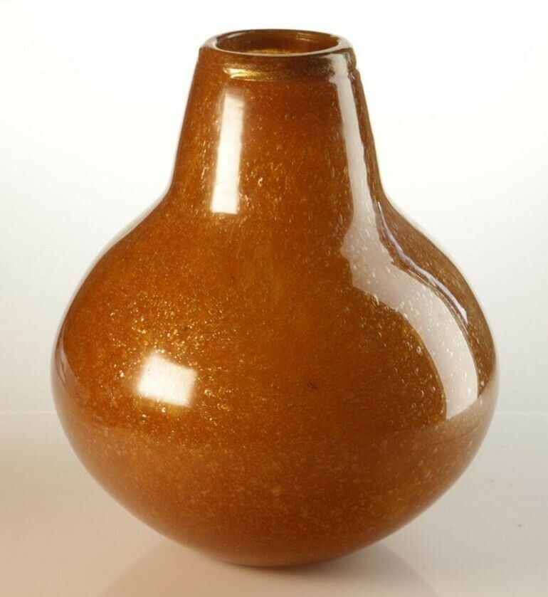 Seguso For Bisazza Pair Mustard Murano Pulegoso Vase Gold Rim, 1993 Signed photo vinterior