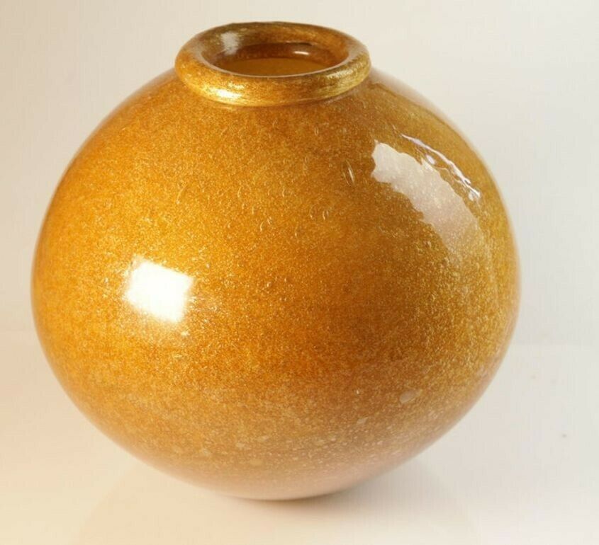 Seguso For Bisazza Pair Mustard Murano Pulegoso Vase Gold Rim, 1993 Signed photo buy