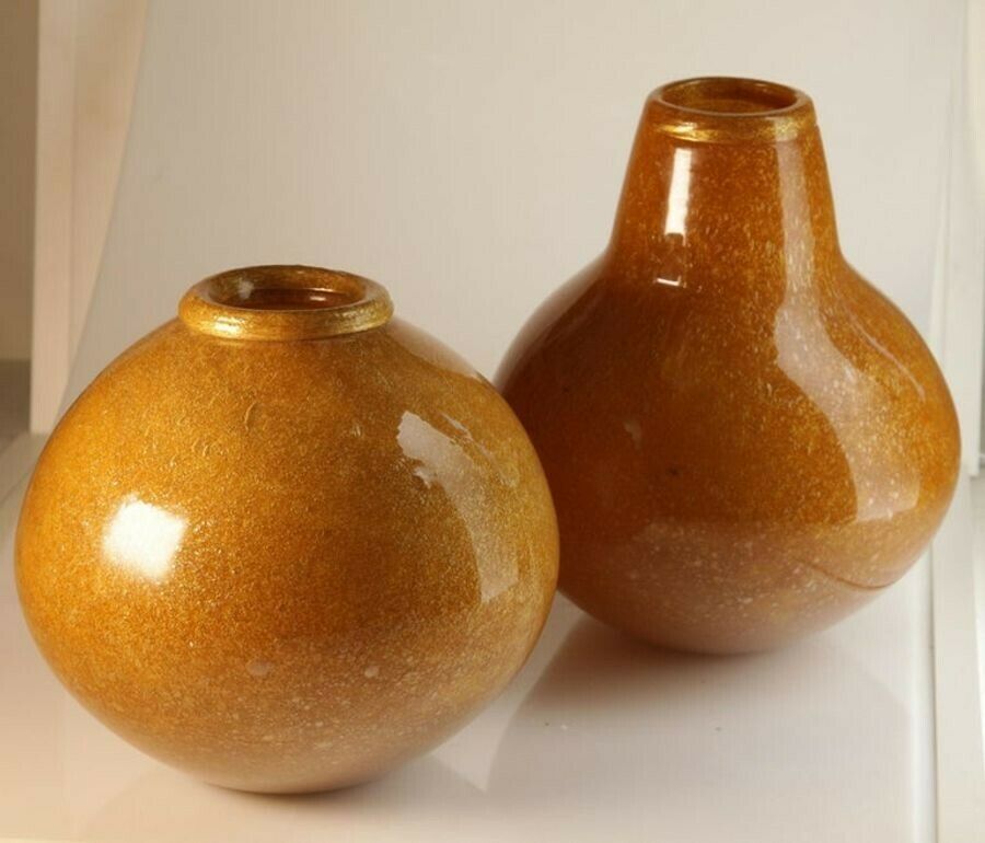 photo for sale Seguso For Bisazza Pair Mustard Murano Pulegoso Vase Gold Rim, 1993 Signed
